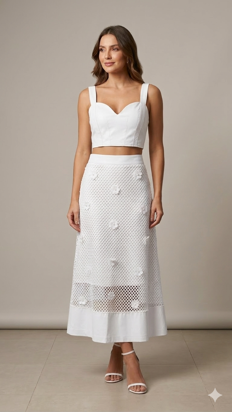 Miniatura: Top Cropped + Saia Midi branca