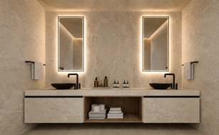 Modern luxury bathroom design Pretoria with stone vanity and LED lighting.