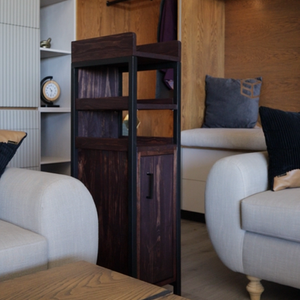 Custom-manufactured bespoke corner cabinet in pine wood, finished in Jax Oleum Extra Dark Mahogany, featuring a modern, minim