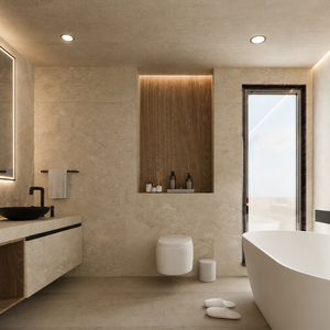 Modern luxury bathroom design Pretoria with stone vanity and LED lighting.