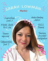 A ppicture of Sarah Lowman in her meet the team postcard she is a trauma informed practicioner with mental health firstaid qualificatins and TA training.