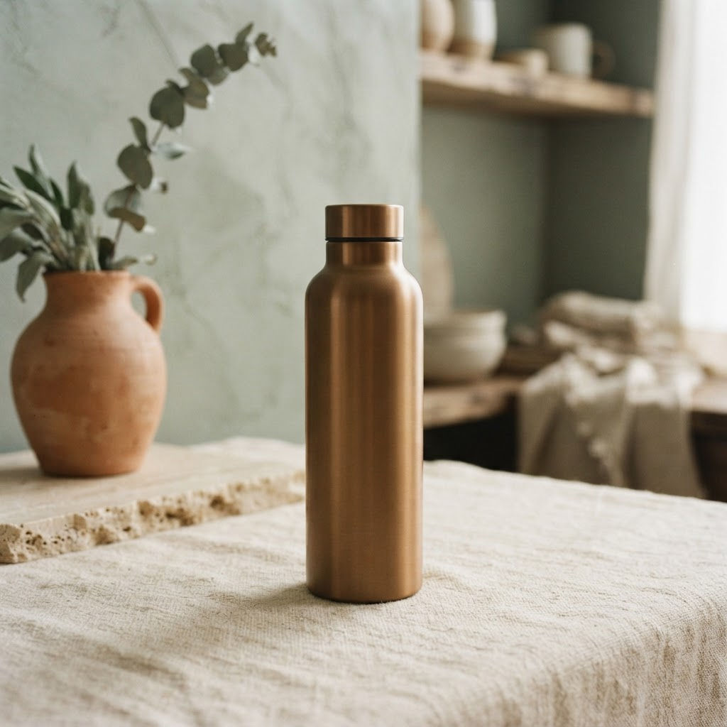Pure copper water bottle with brushed matte finish on cream linen