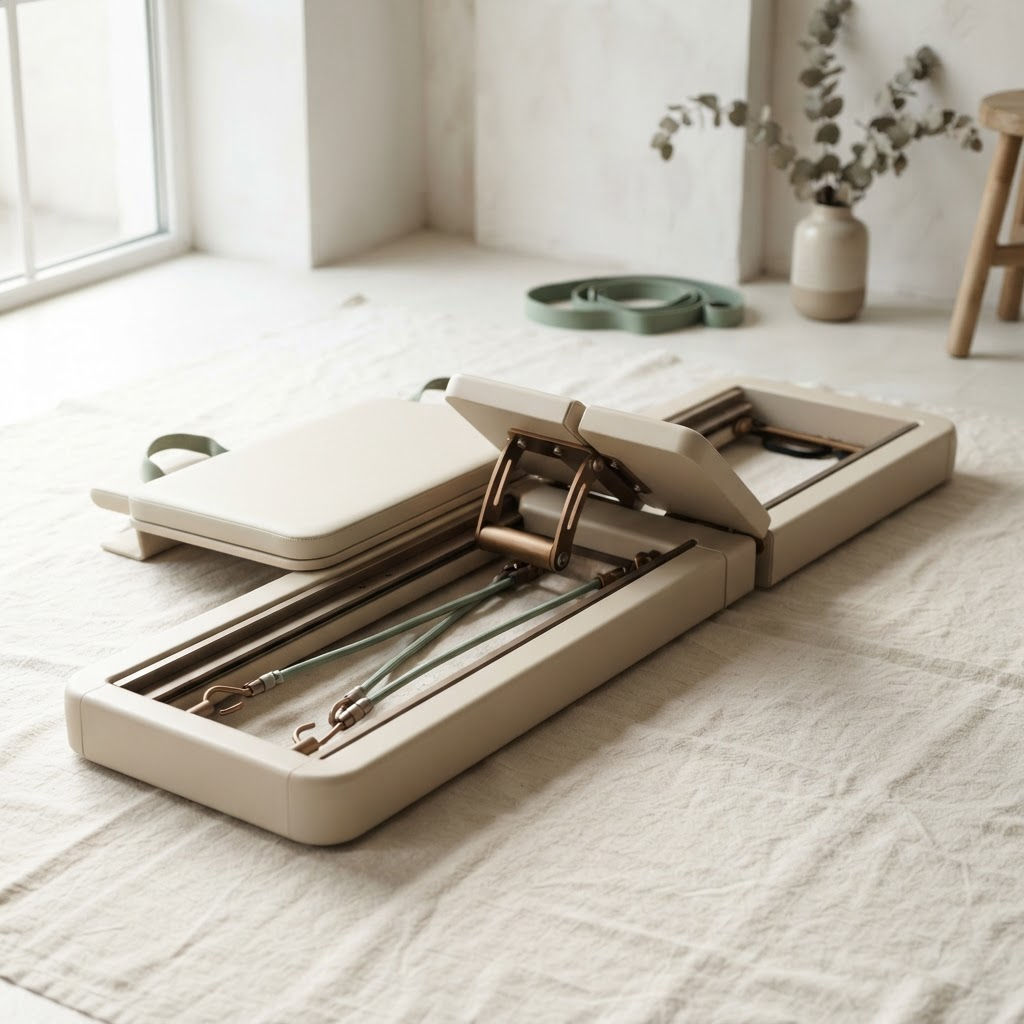 Foldable pilates reformer board with cream surface and sage resistance cords