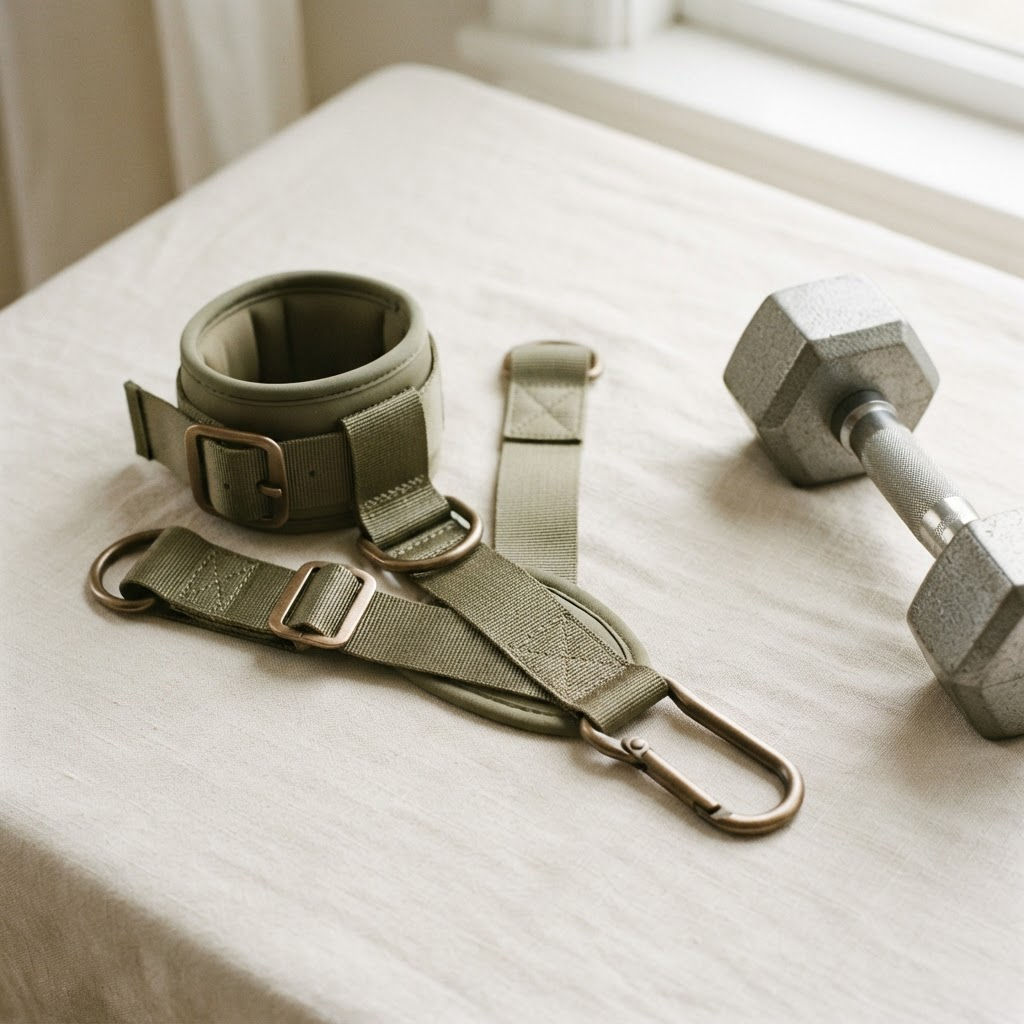 Adjustable foot harness straps with sage webbing and bronze steel hardware