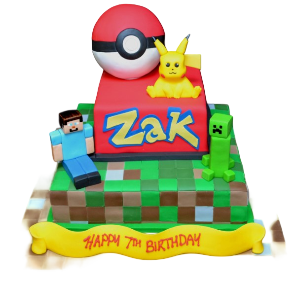 A creative cake featuring a Minecraft and Pokemon duo theme, perfect for fans of both popular franchises.