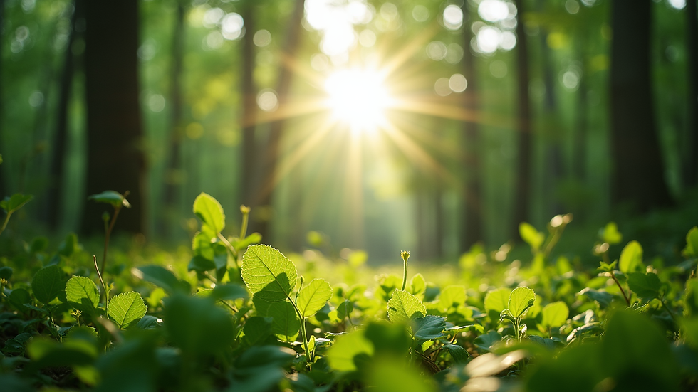 Eye-level view of a lush green forest with sunlight filtering through the leaves