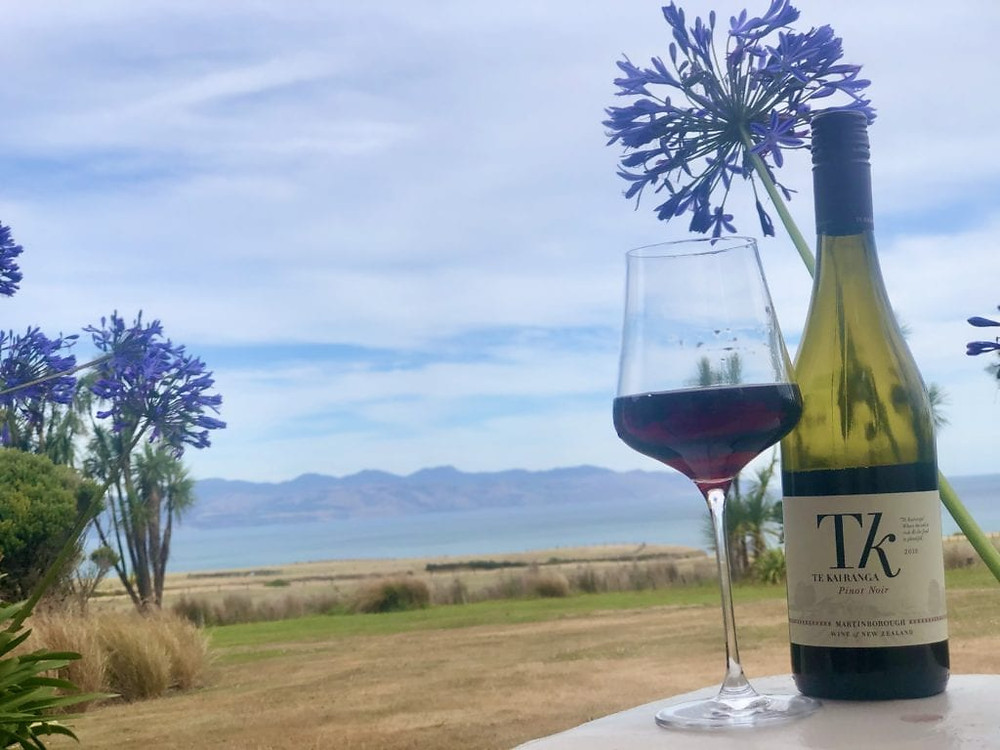 Bottle of Pinot and glass with background of countryside and mountains
