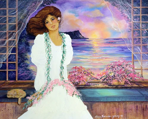 ハワイ　絵画　インテリア　アンティーク　Diana Hansen young Vintage 1992 “Porcelain” DIANA HANSEN YOUNG Signed 26 X 20