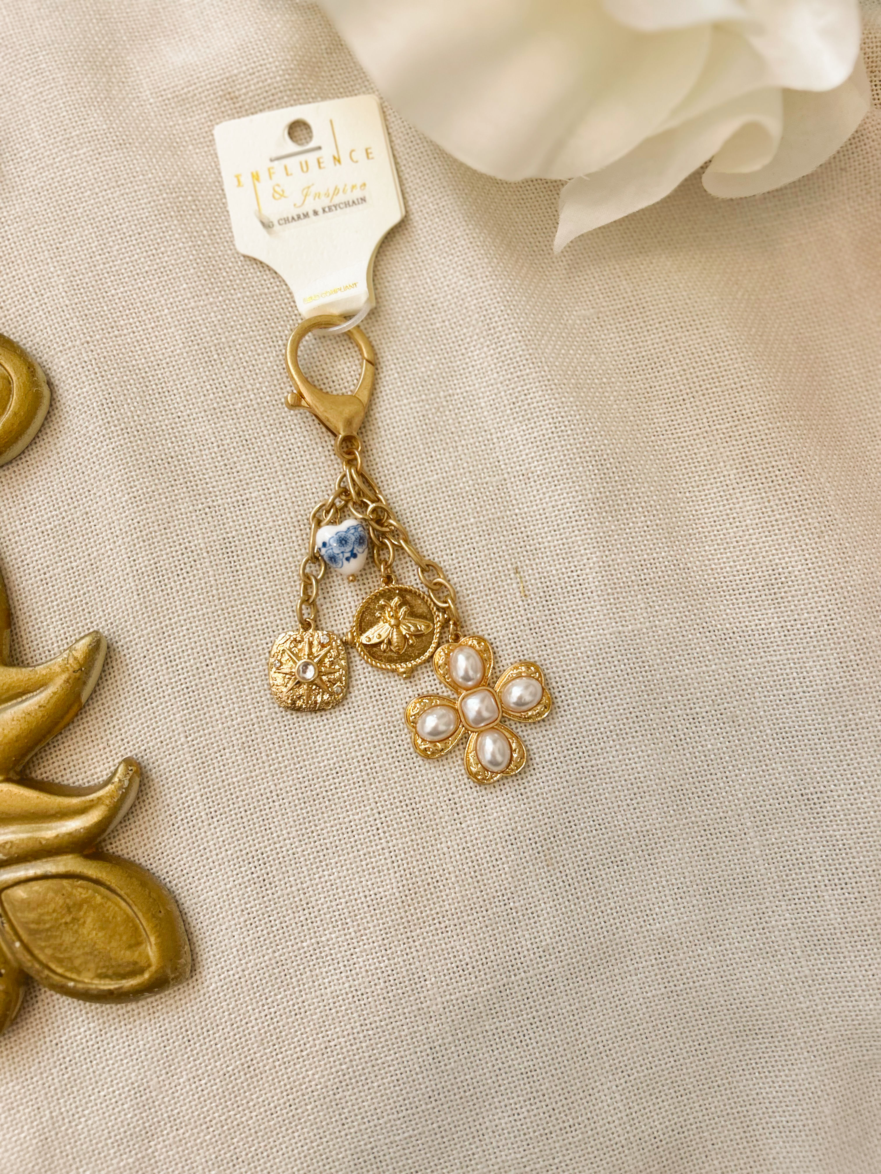 Blue Bead Pearl Cross Charms Locket Keychain