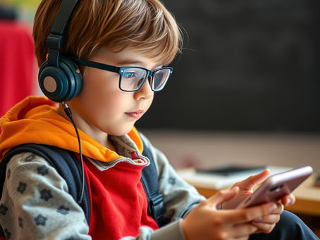 A boy reading from a device