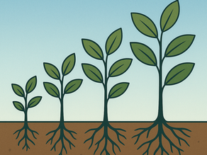 Four green plants in stages of growth with visible roots in brown soil. Blue gradient sky background, symbolizing development.