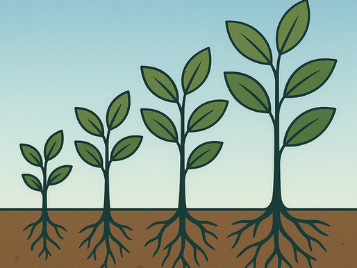 Four green plants in stages of growth with visible roots in brown soil. Blue gradient sky background, symbolizing development.