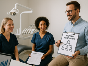 Three people in a dental clinic; two in scrubs, one holding "HUMAN RESOURCE" chart. "ONBOARDING" paper visible. Professional setting.