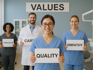 Healthcare team holding "Compassion," "Care," "Quality," and "Empathy" signs. Smiling in a clinic, "VALUES" sign in background.