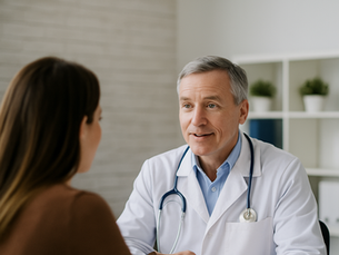 Doctor in white coat listens to a patient in an office with white walls and shelves. Doctor appears attentive and thoughtful.