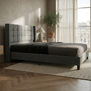 Upholstered bed frame in a modern bedroom, photoreal furniture visualization