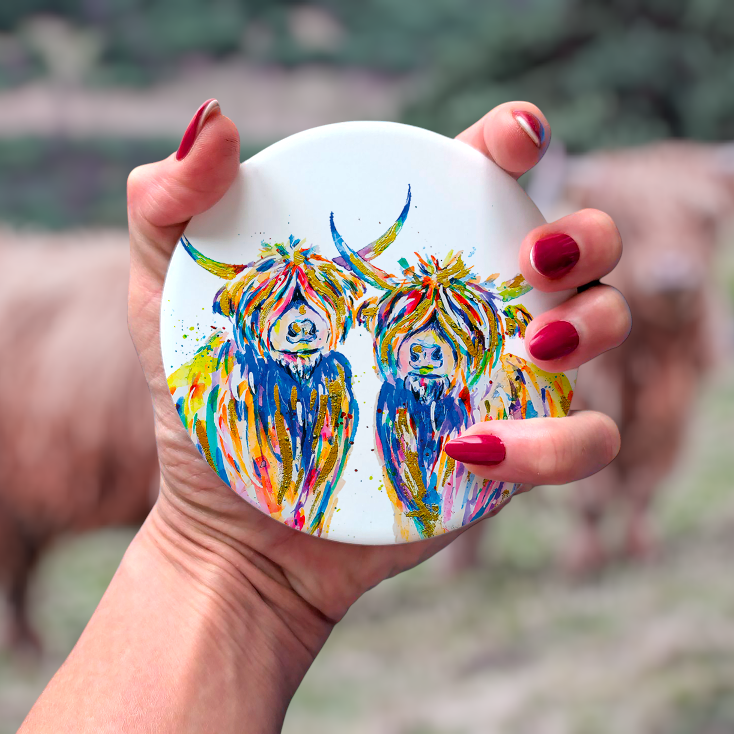 Highland cow Scottish art ceramic coaster