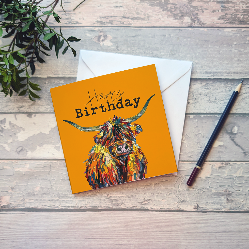 Happy birthday card - colourful watercolour highland cow