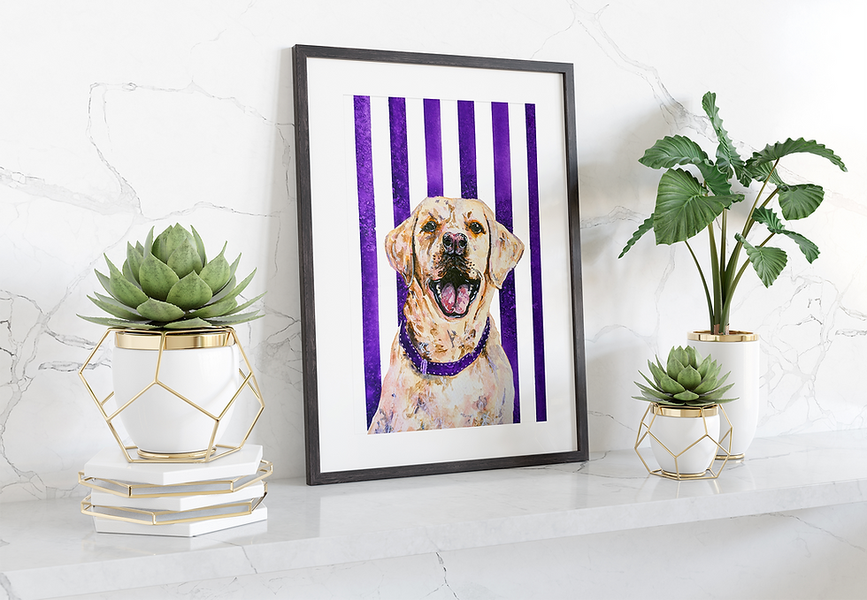 Dog days print purple/labrador watercolour art print in frame