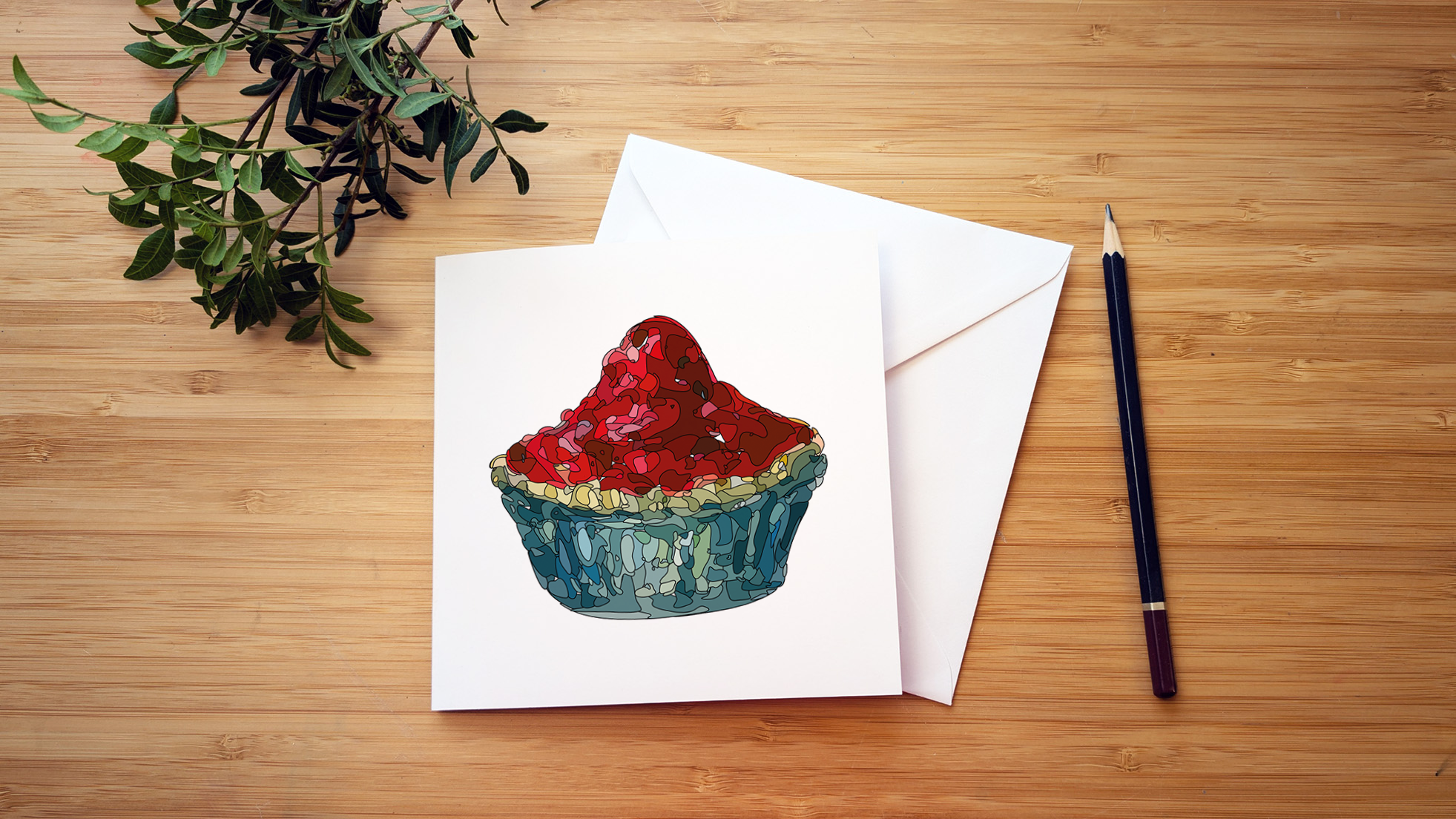 Scottish strawberry tart colourful watercolour greetings card