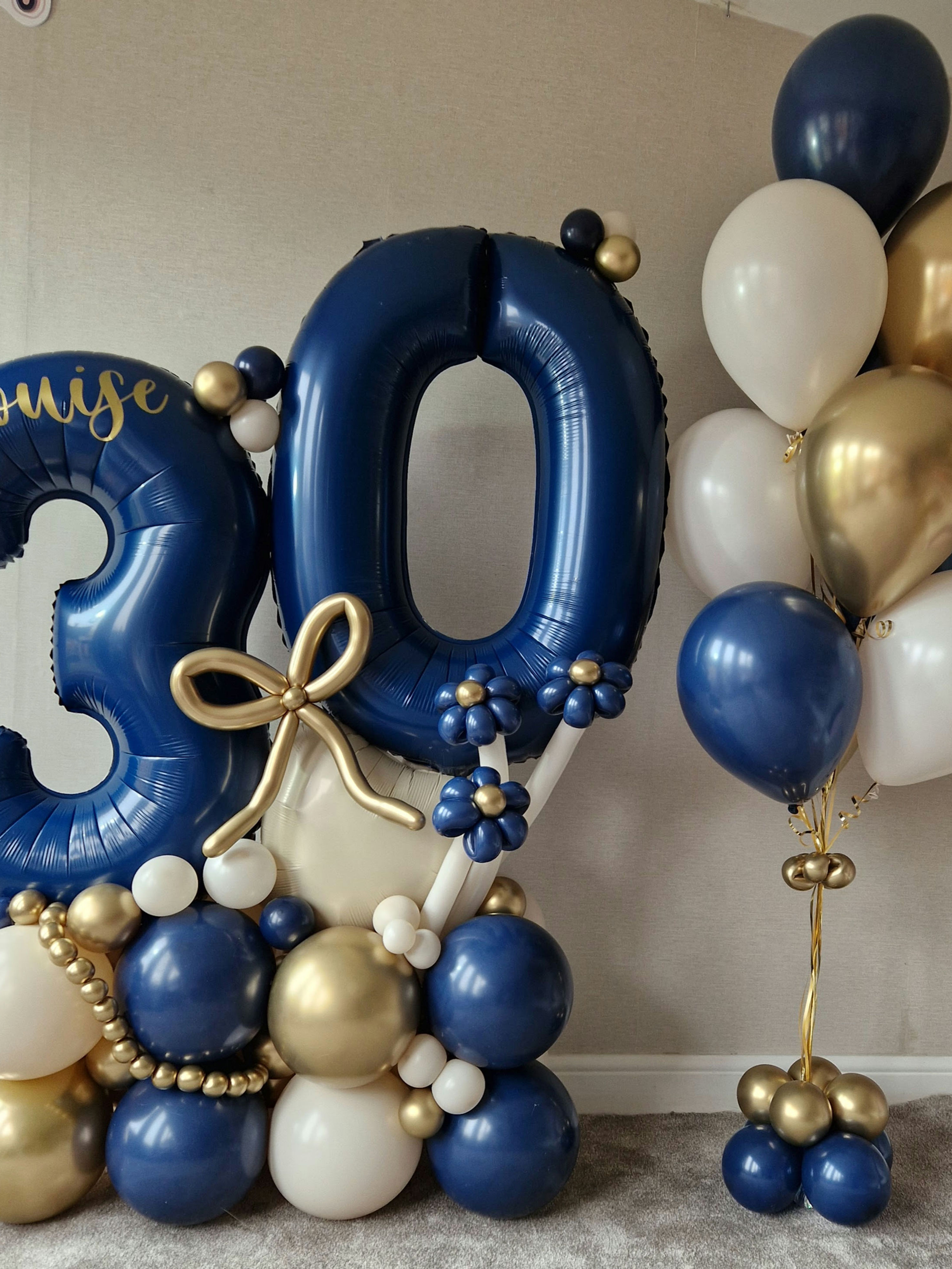 balloon flowers cake balloons navy and gold balloons  numbers navy 