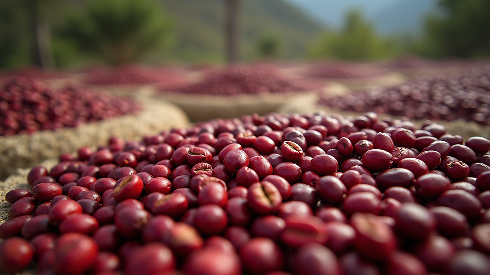High angle view of coffee cherries drying on raised beds in Cordillera