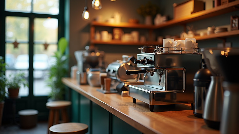 High angle view of a cozy coffee shop interior with brewing equipment