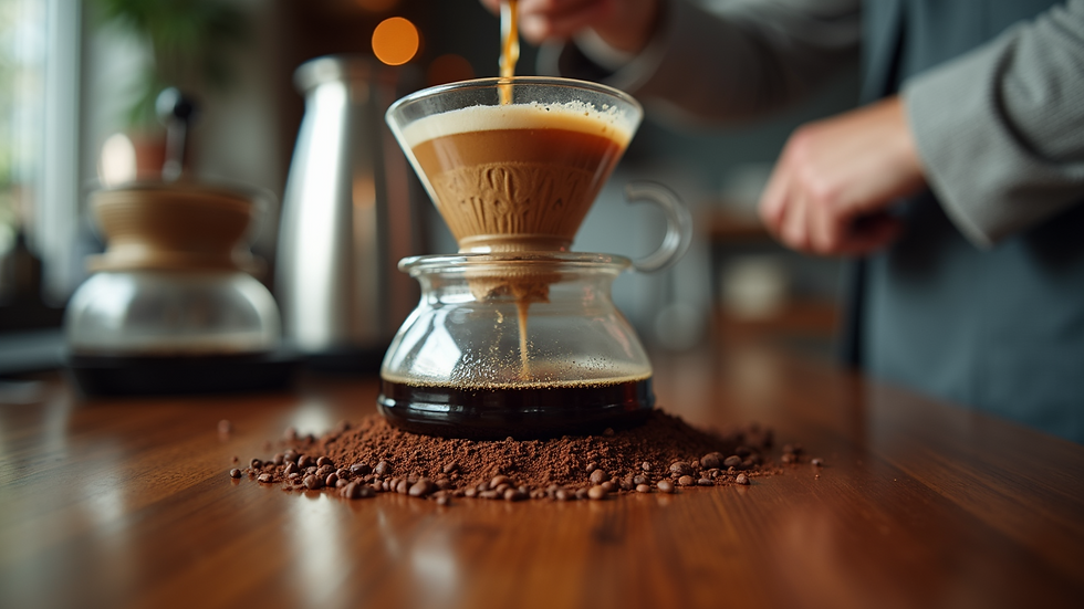 Eye-level view of a pour-over coffee setup with fresh grounds