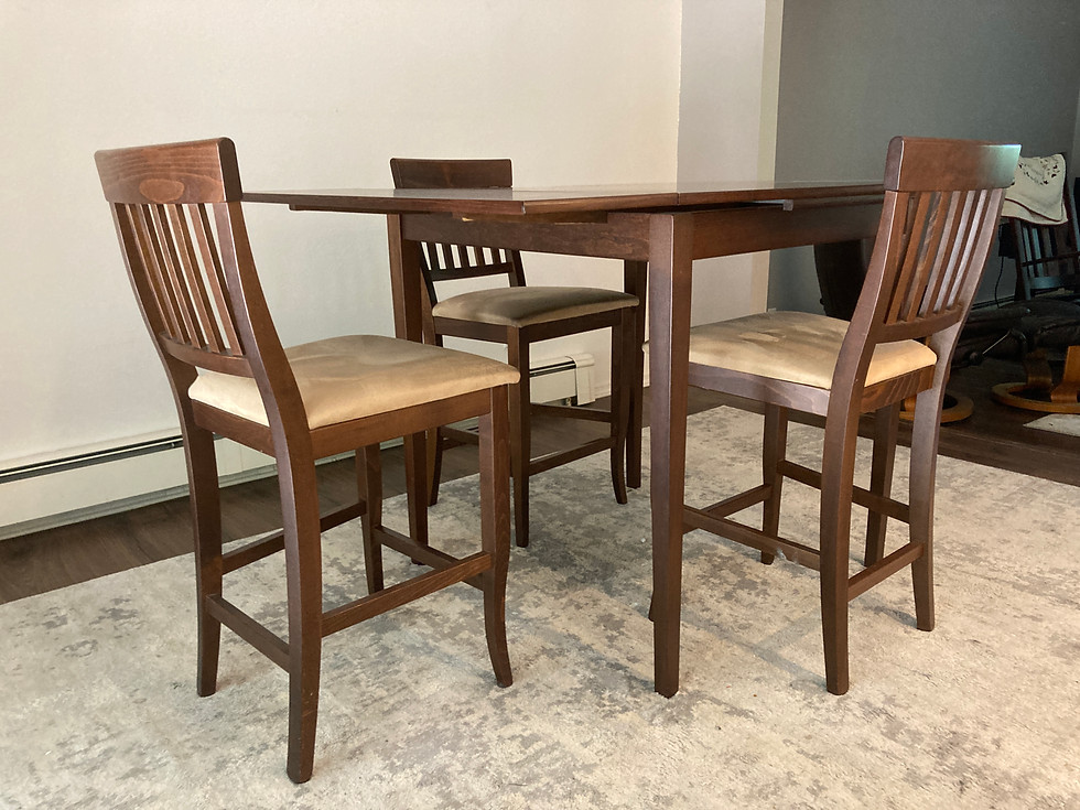 Thumbnail: Tall wooden dining table with three stools