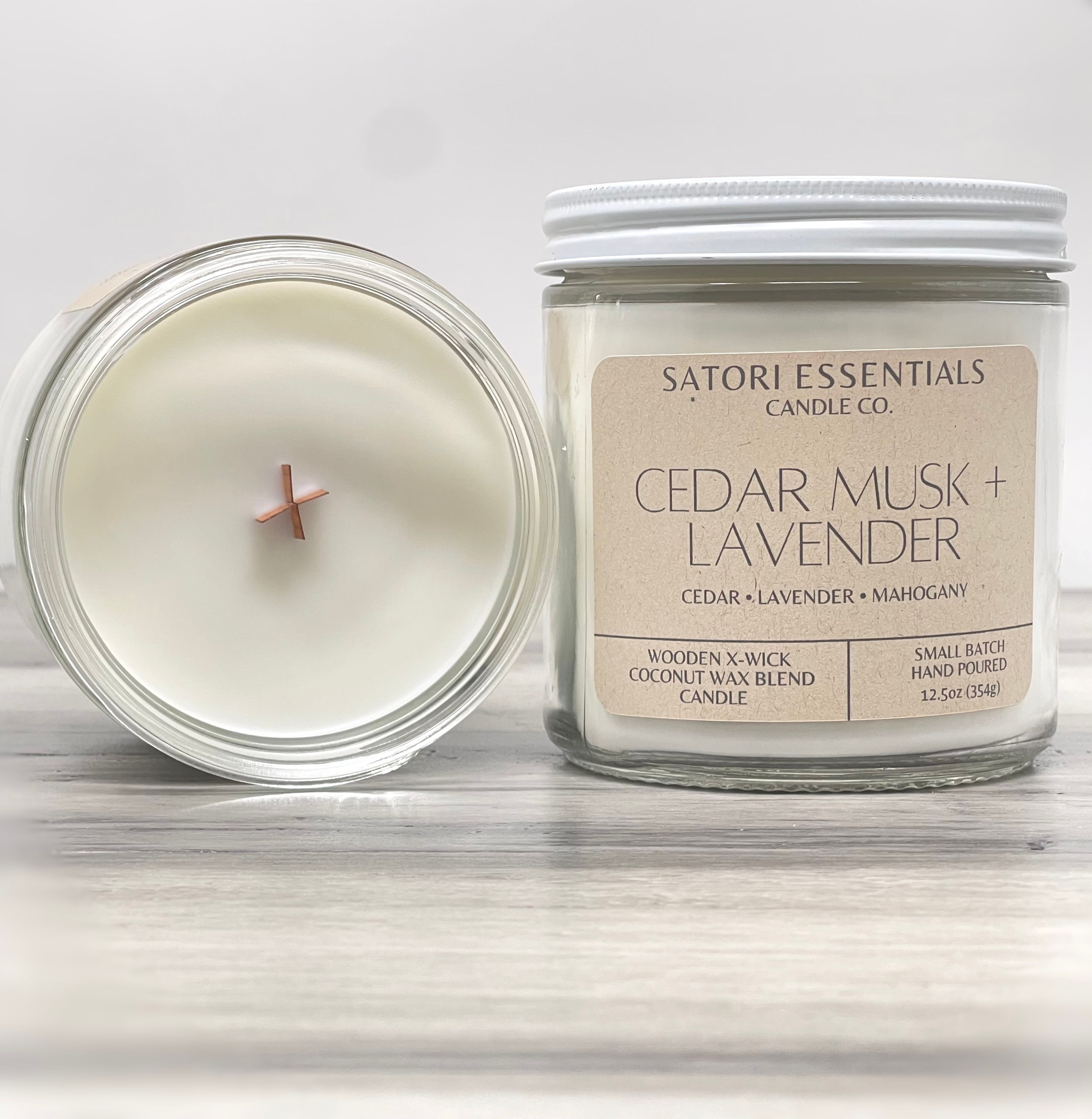 CEDAR MUSK + LAVENDER scented crackling wood wick candle