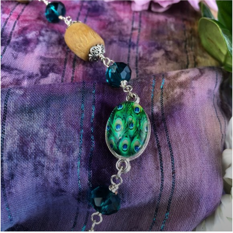 Thumbnail: 36" natural Tulasi with teal and peacock beads