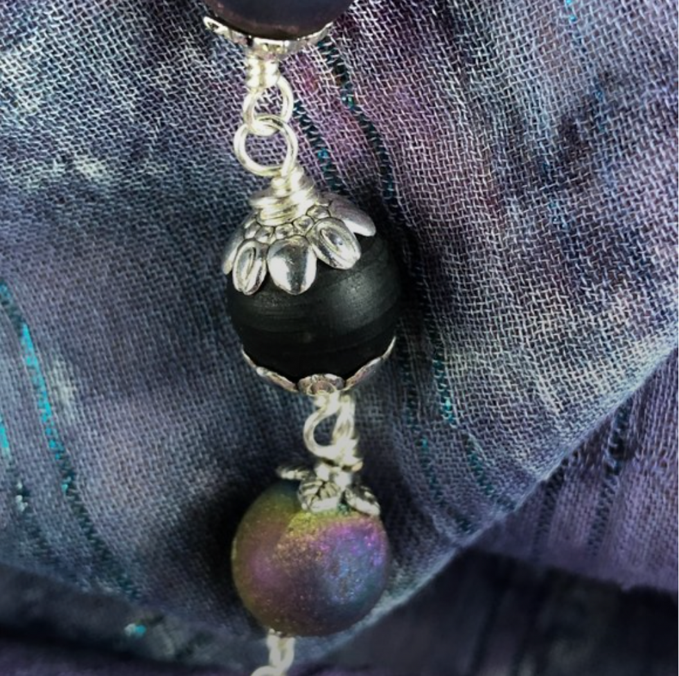 Thumbnail: 25 3/4" black Tulasi with rose quartz and purple druzy agate beads