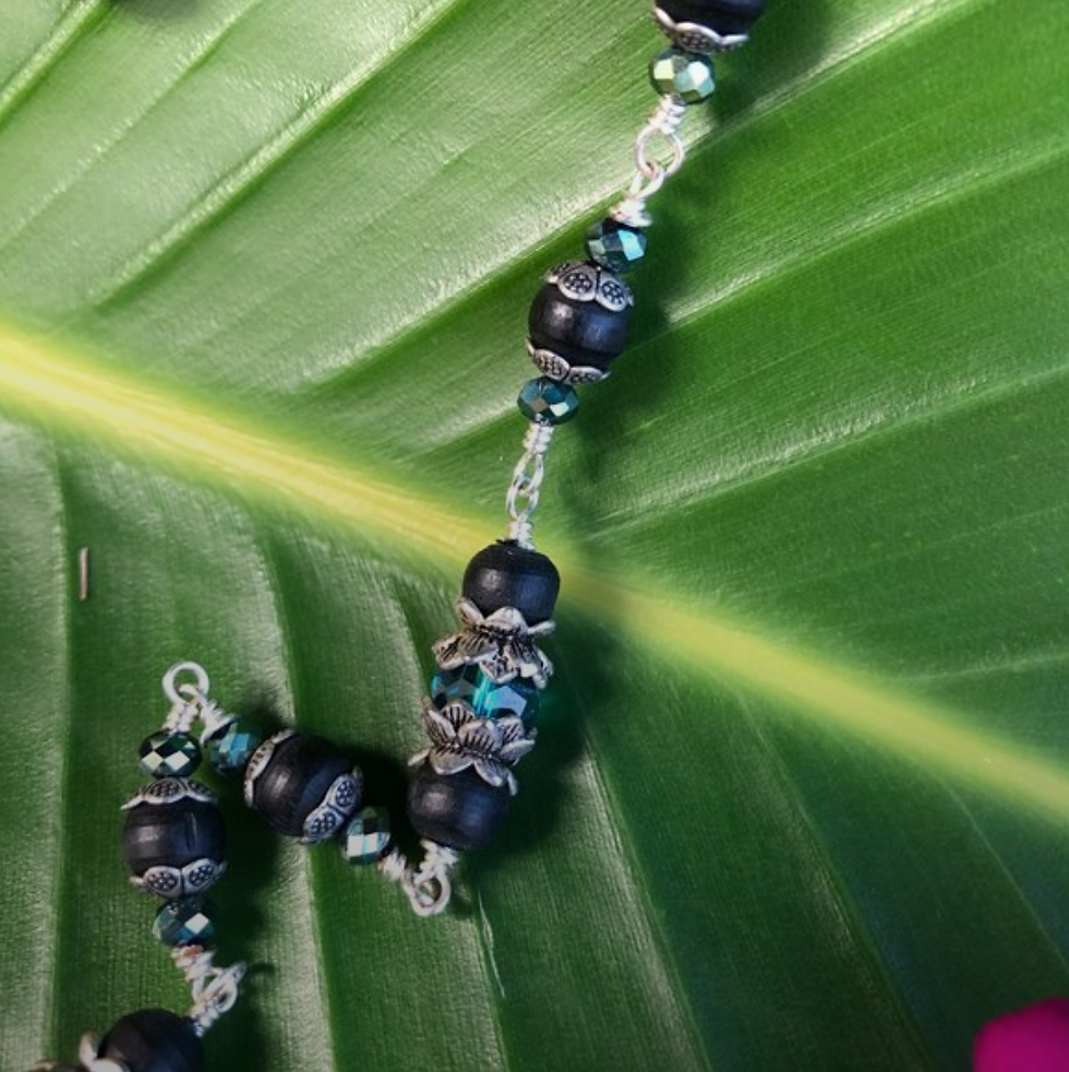 Thumbnail: 33 1/2" Black Tulasi with dark teal crystal beads