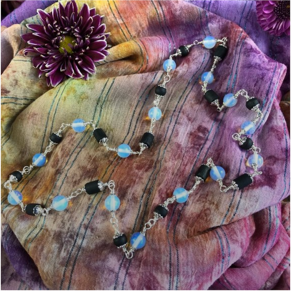 Thumbnail: 25" black Tulasi with moonstone beads (gemstone for the Moon)