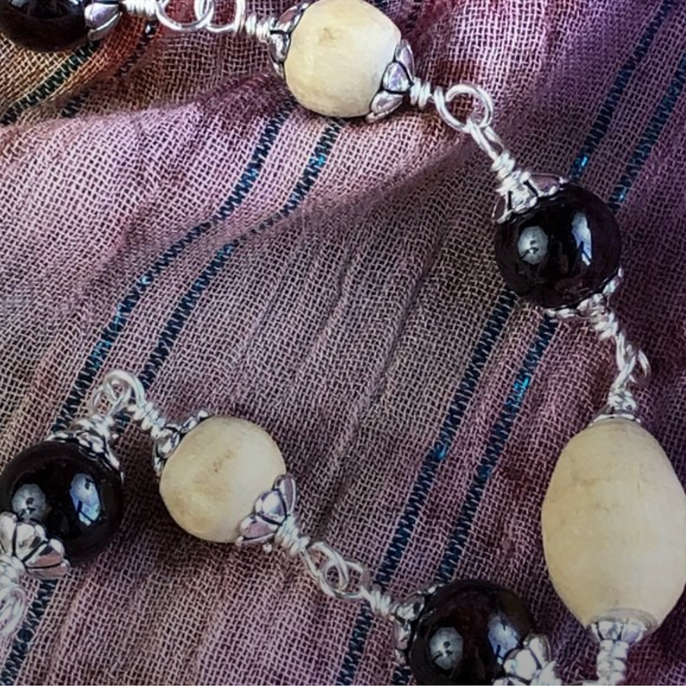 Thumbnail: 27  3/4" natural Tulasi beads with garnet (gemstone for the Sun) beads