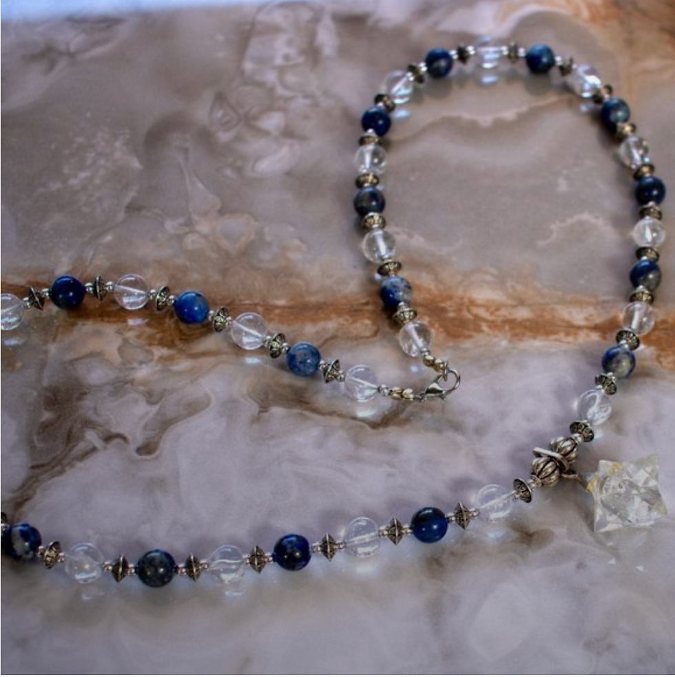 Thumbnail: 25 1/4 Quartz Crystal Merkaba with Lapis Lazuli (Saturn gemstone) & Quartz beads