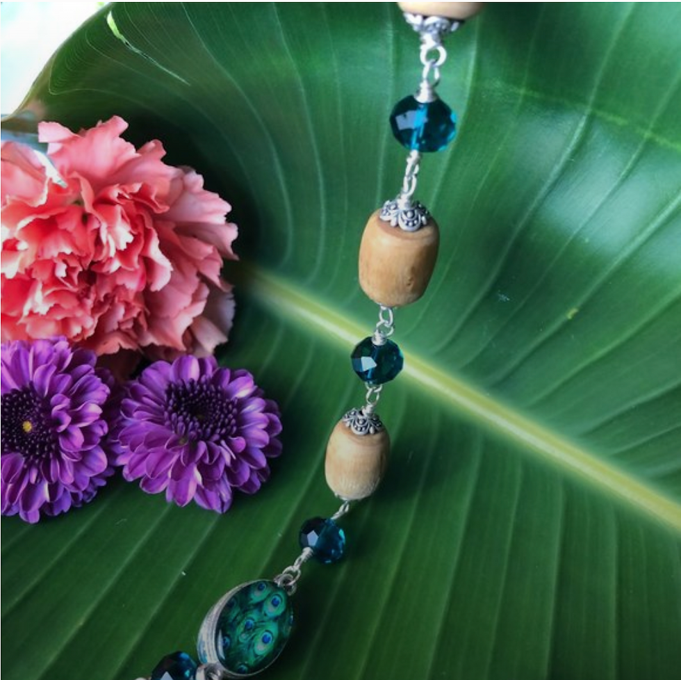 Thumbnail: 36" natural Tulasi with teal and peacock beads