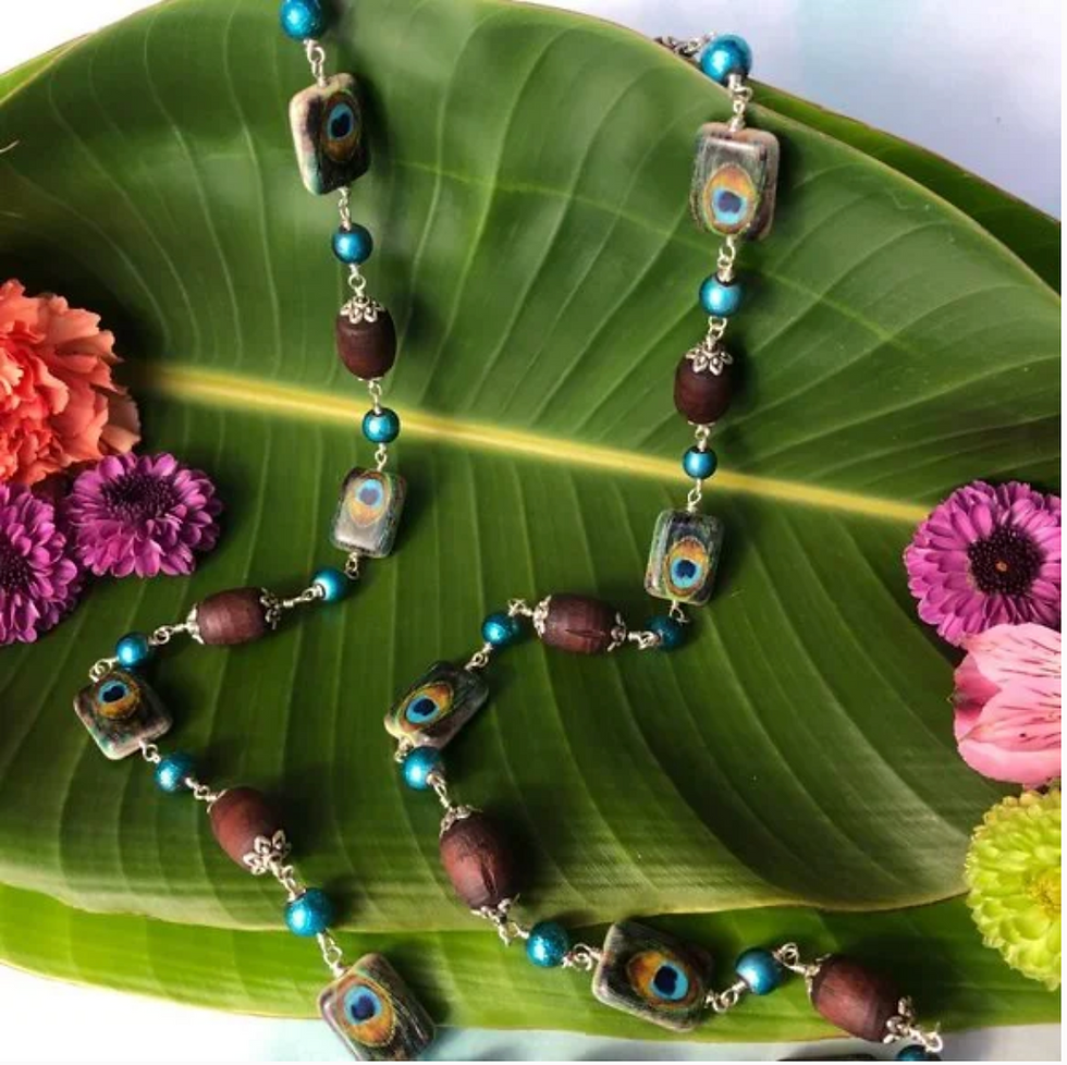 Thumbnail: 36 3/4" berry Tulasi with peacock and teal beads
