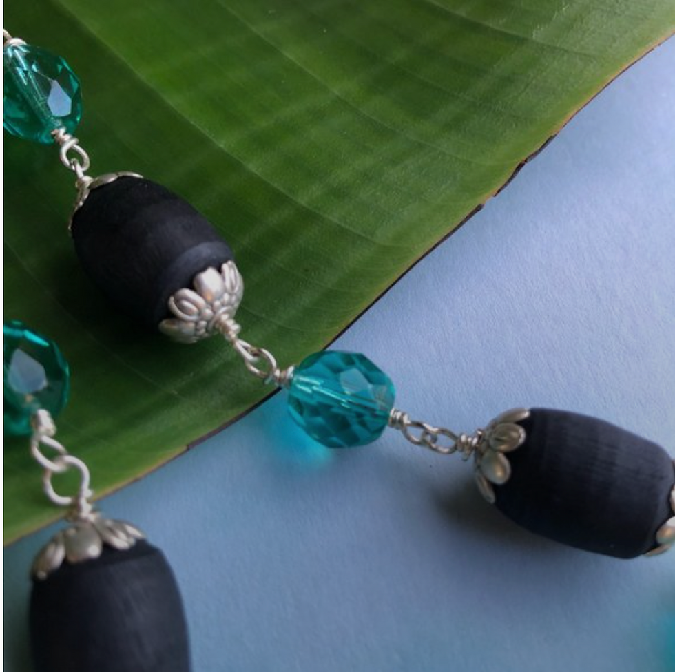 Thumbnail: 44" black Tulasi with peacock and teal crystal glass beads