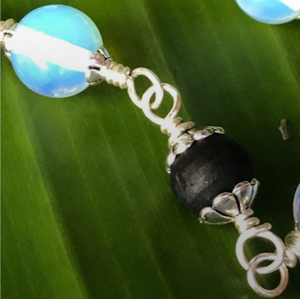 Thumbnail: 25" black Tulasi with moonstone beads (gemstone for the Moon)