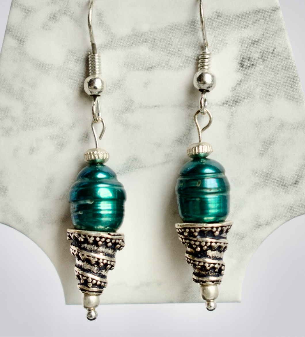 Teal freshwater pearl drop earrings
