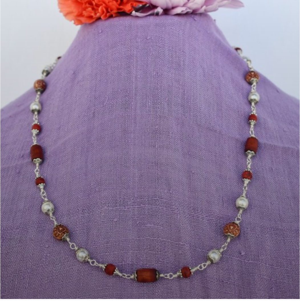 25" red Tulasi with red heart beads and pearls (Gemstone for the Moon)