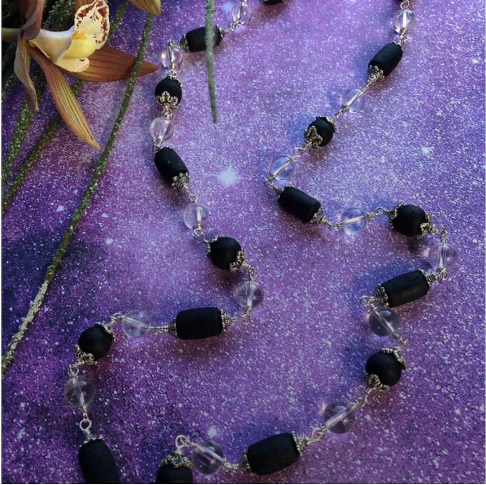 Thumbnail: 33" black Tulasi with quartz crystal beads