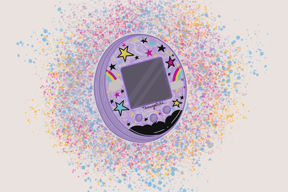 A tamagotchi meets retro device sitting in sparkles.