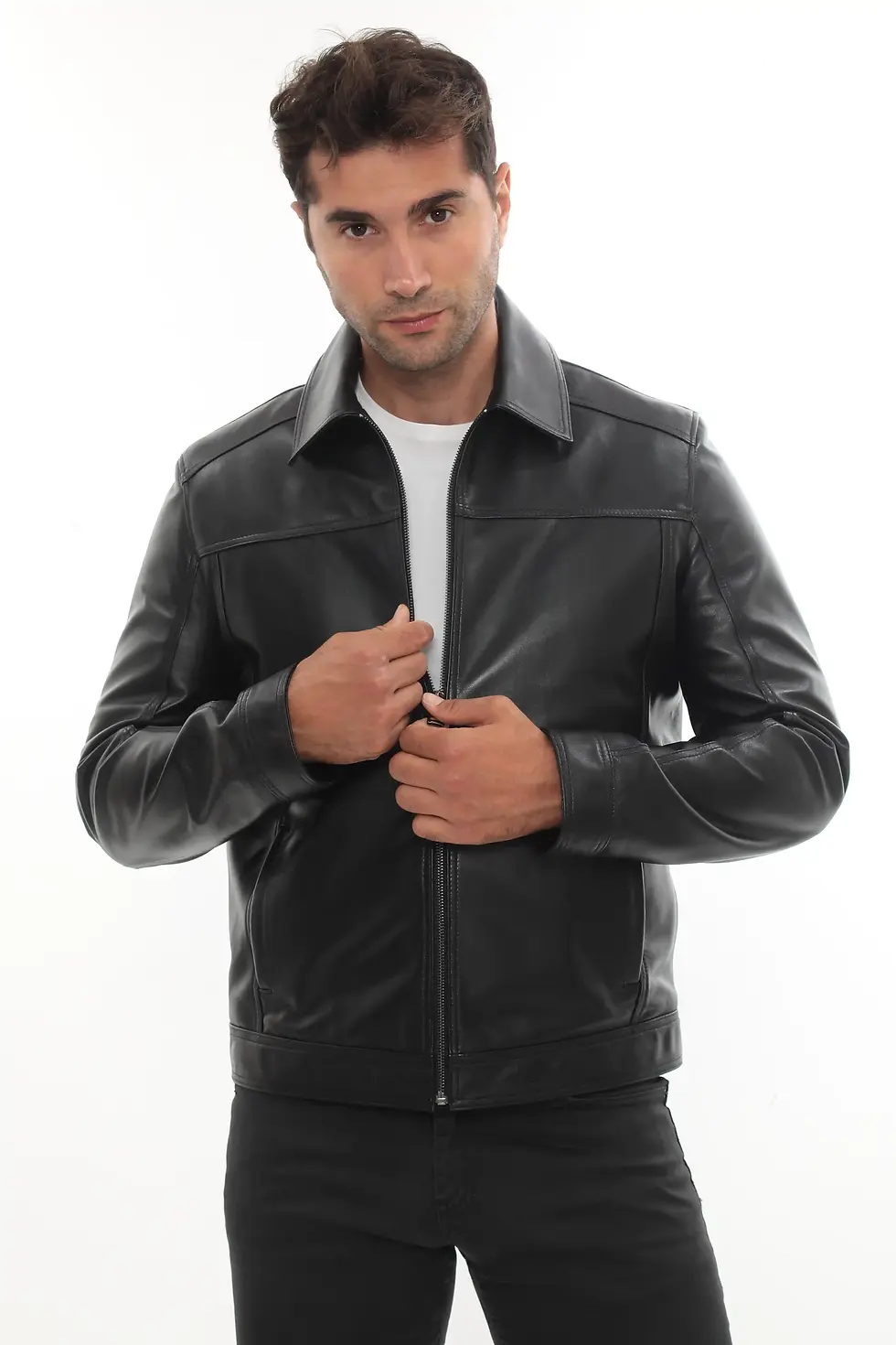 Thumbnail: Raymond Men’s Casual Black Leather Outerwear, front view — By Kani.