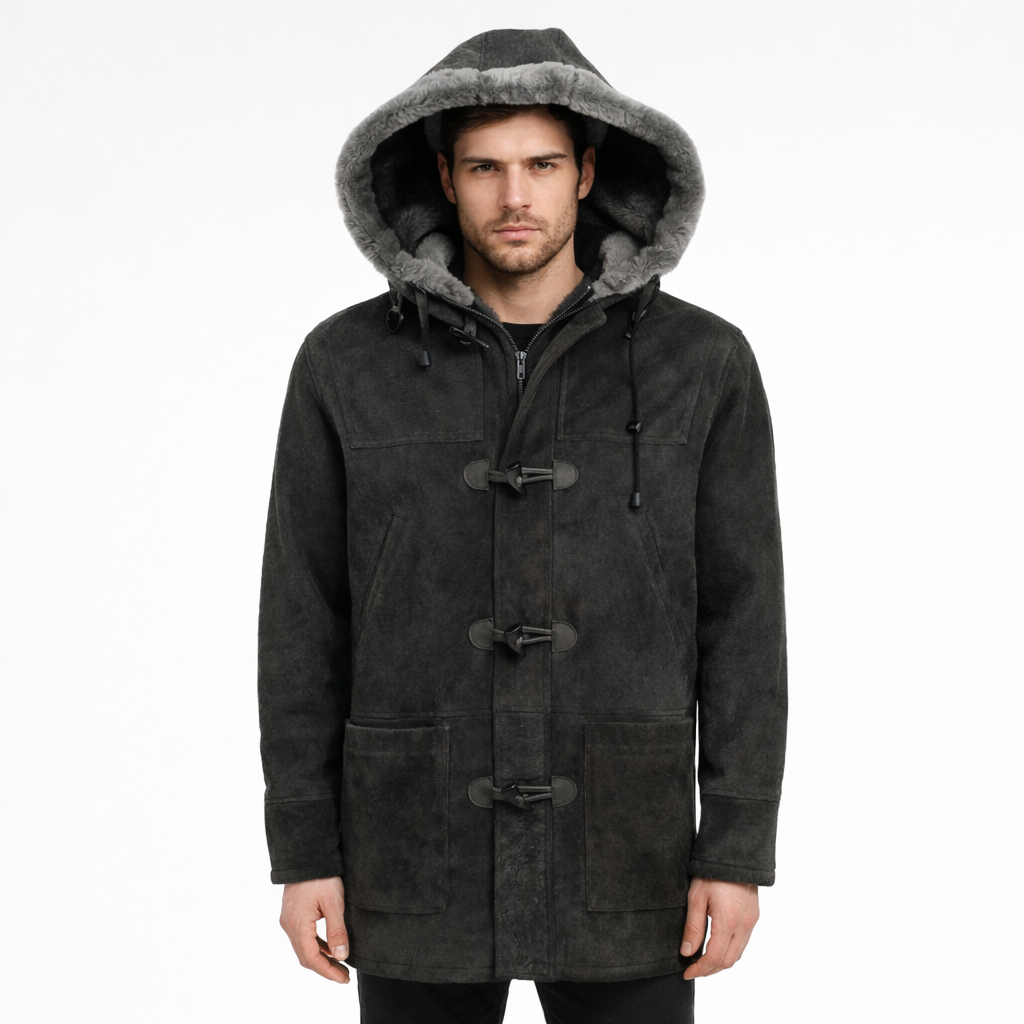 A man wearing a hooded shearling coat, front view