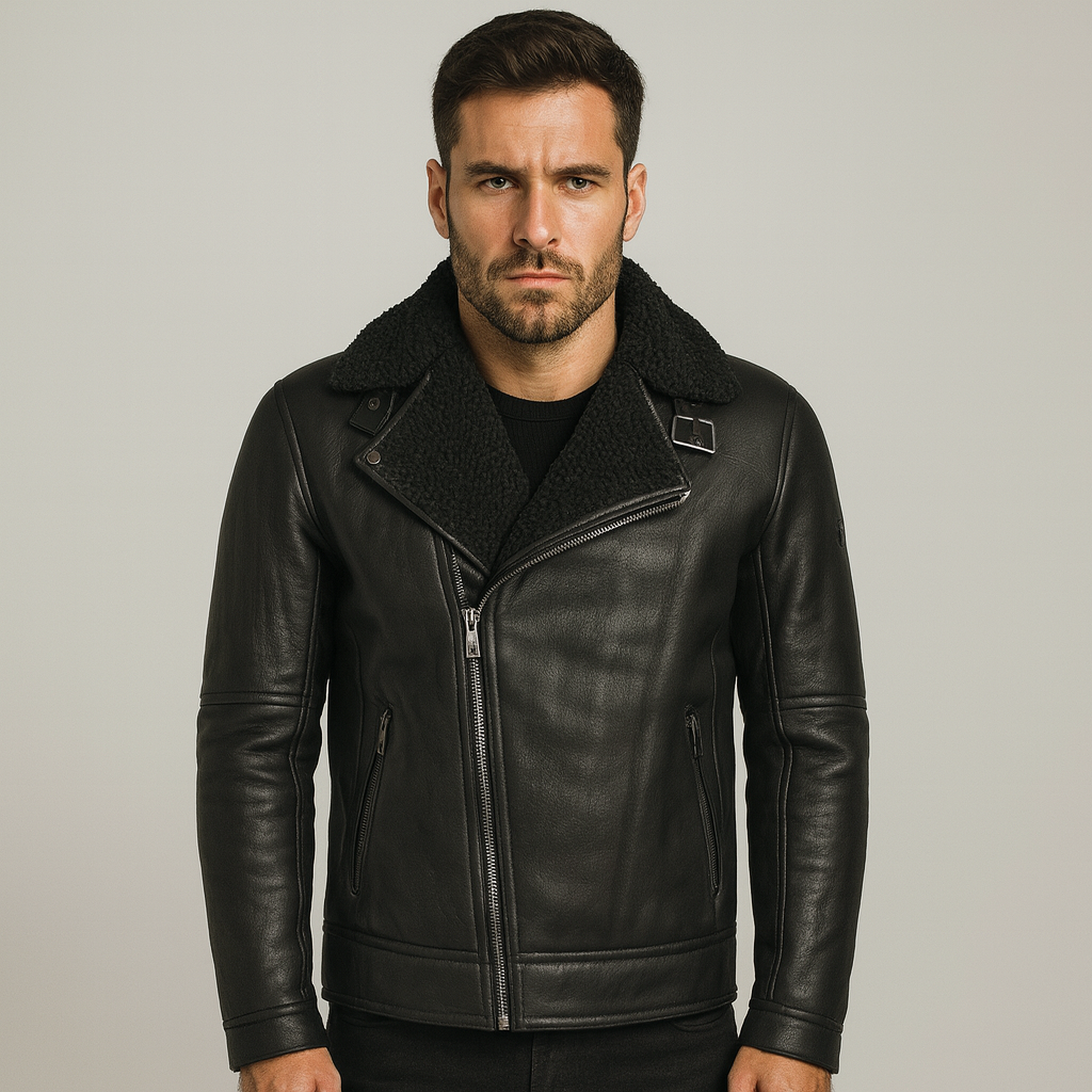 A man wearing a black shearling biker jacket, front view