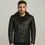Thumbnail: A man wearing a black curly shearling biker jacket, front view
