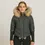 Thumbnail: A woman wearing a black puffer jacket with raccoon fur hood, front view