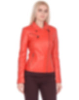 A woman wearing a red leather biker jacket—front view.